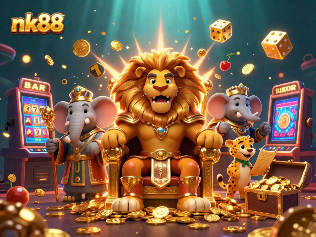 Play exciting games and win big at nk88 with a lion king and friends in a vibrant casino scene.