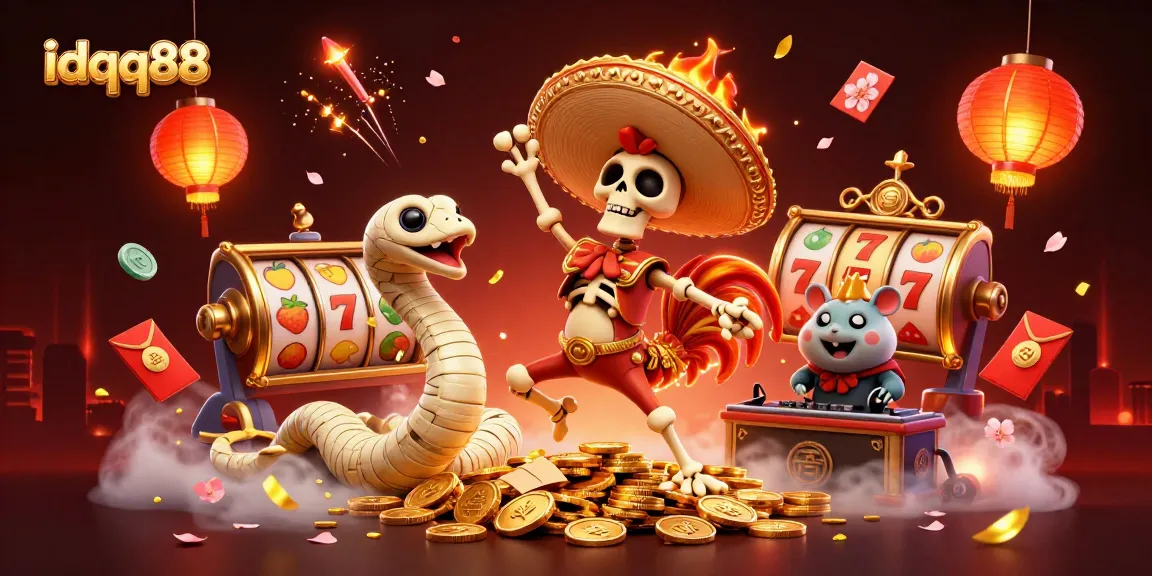 Experience idqq88 excitement with a dancing mariachi rooster surrounded by vibrant casino elements.