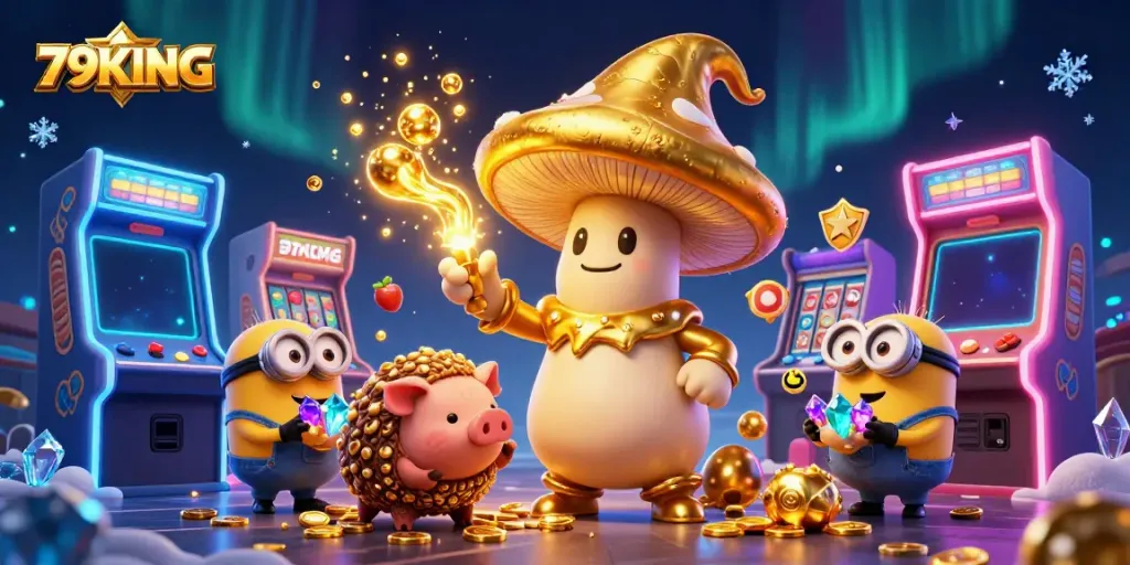 Engage with 79KING's imaginative casino world featuring a wizard, crystals, and arcade games.