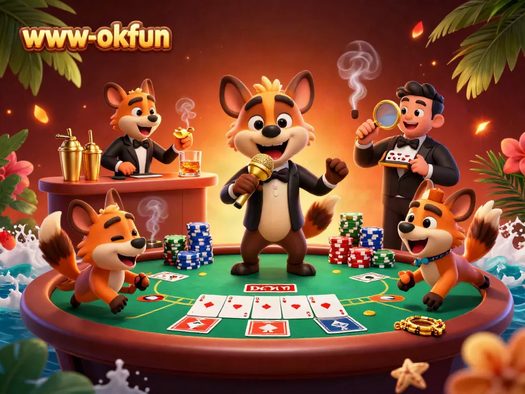 The hyena characters at www-okfun entertain in a casino setting, showcasing poker tables and vibrant gaming elements.