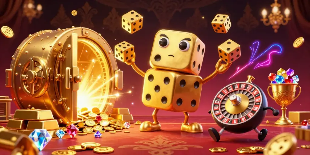 Experience the excitement of 88vbet's vibrant casino world with a golden dice golem and sparkling treasures.