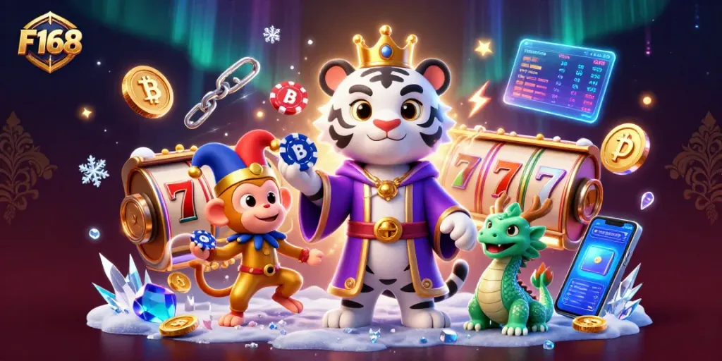 Experience F168's thrilling gameplay with a majestic white tiger, golden monkey, and jade dragon in action.