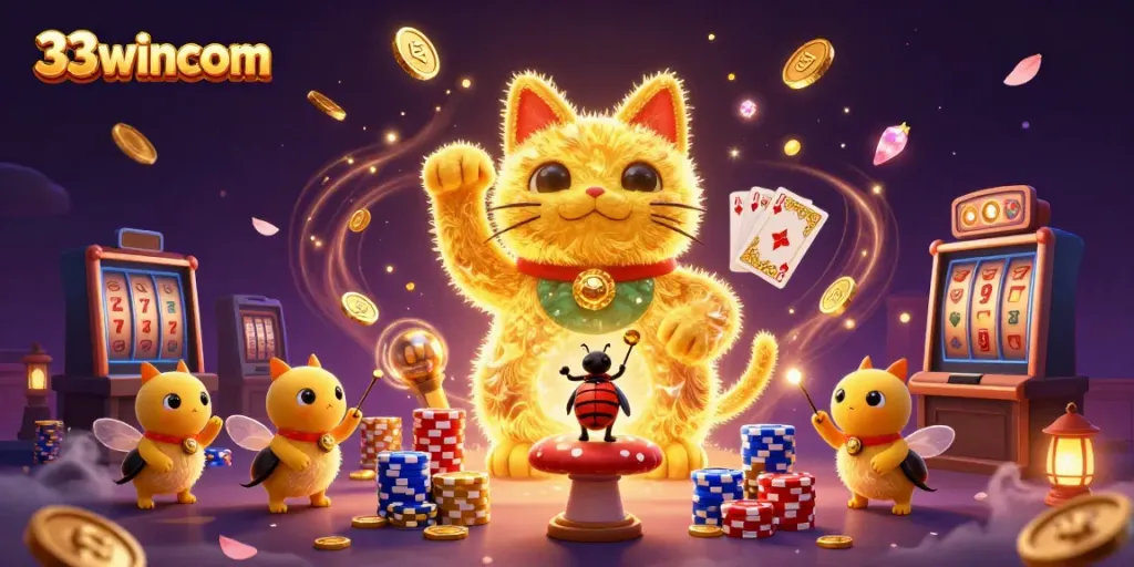 Engage in thrilling games with 33wincom's lucky cat illustration amidst vibrant casino elements.