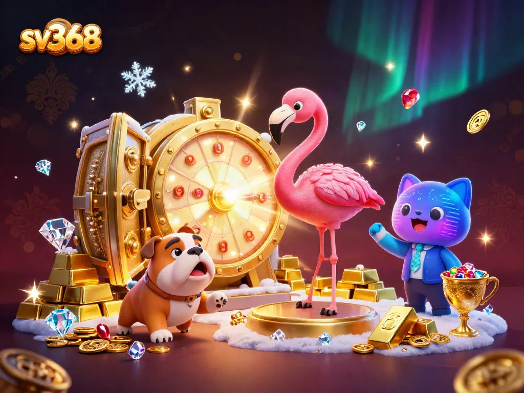 Engaging sv368 gaming scene showing a flamingo host with a prize wheel, capturing excitement in a vibrant casino.