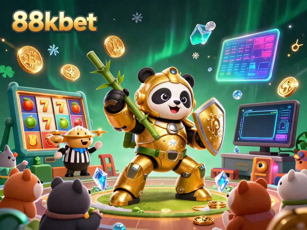 Experience the excitement of 88kbet with a vibrant scene featuring a panda in a mech suit, piloting a robot in a casino arena.