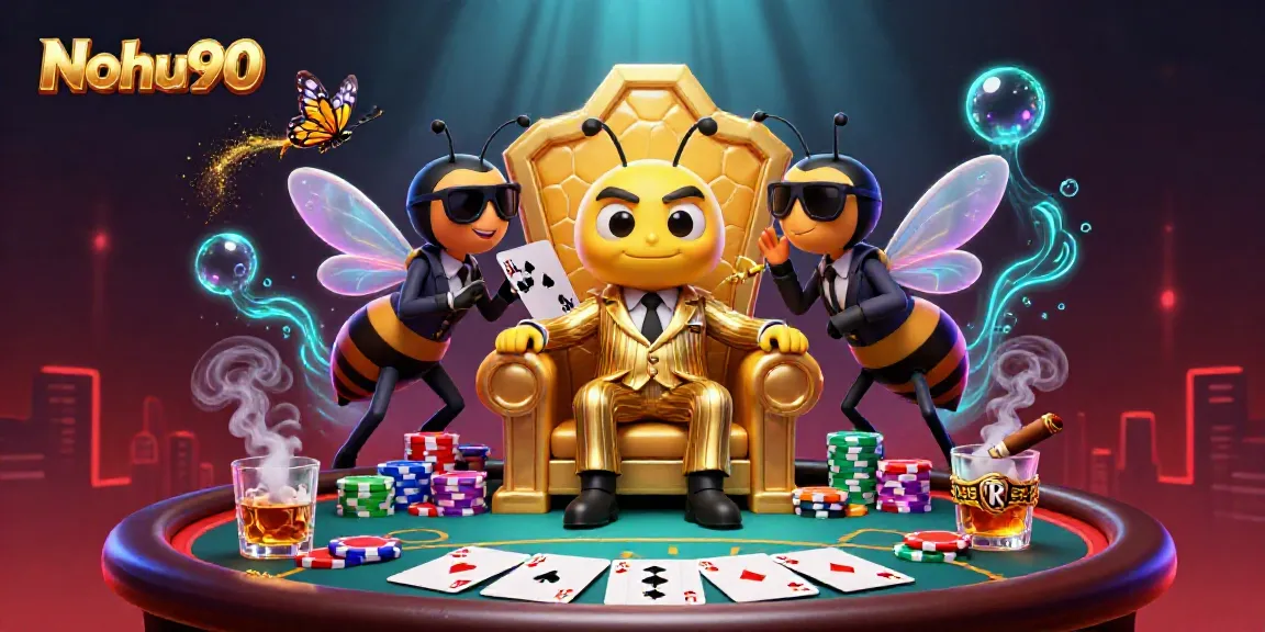 Nohu90 showcases a vibrant casino scene with a bee mob boss, games, and colorful poker elements.