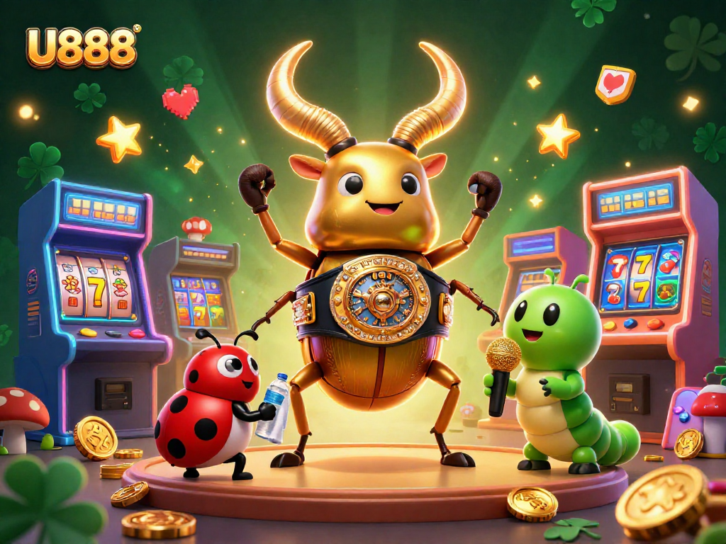 U888 showcases an epic showdown with a golden stag beetle and vibrant casino elements for thrilling gameplay.