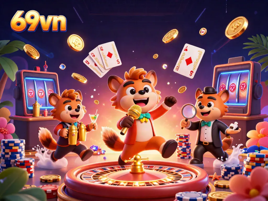 Experience the vibrant comedy casino scene at 69vn with lively hyenas and exciting game elements.