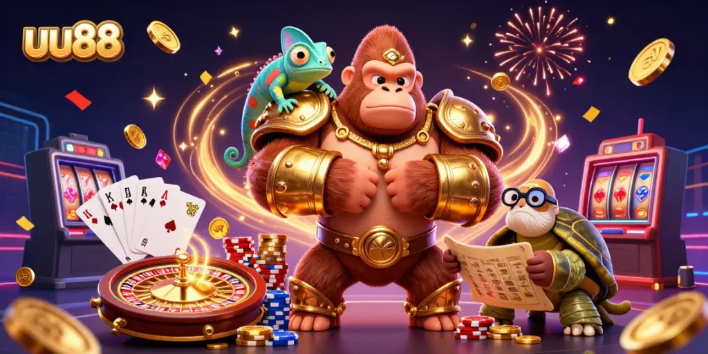 Experience thrilling moments in uu88 with a dynamic 3D casino scene featuring a powerful gorilla king and game elements.