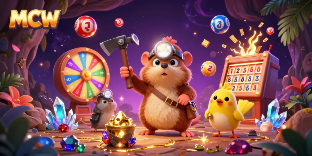 MCW treasure hunter mole exploring a vibrant cave filled with colorful lottery elements and gems.
