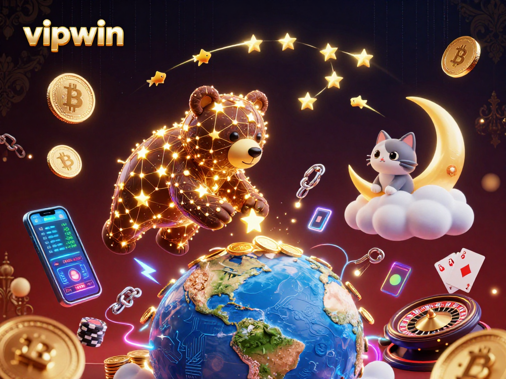 Win big at vipwin with an engaging 3D casino illustration featuring stars, coins, and gaming elements.