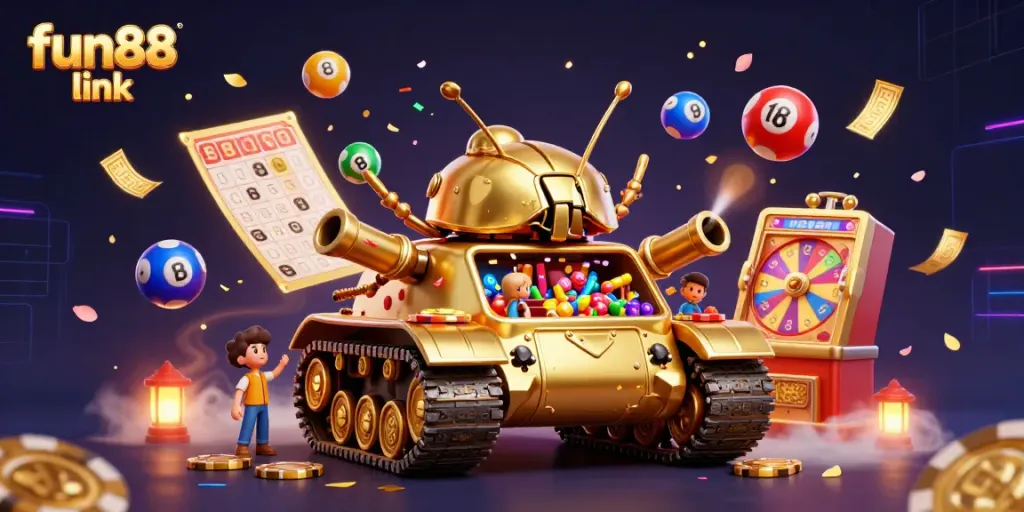 Spin the fun88 link casino experience with a vibrant 3D illustration showcasing a miniature casino inside a golden beetle tank surrounded by lottery elements.
