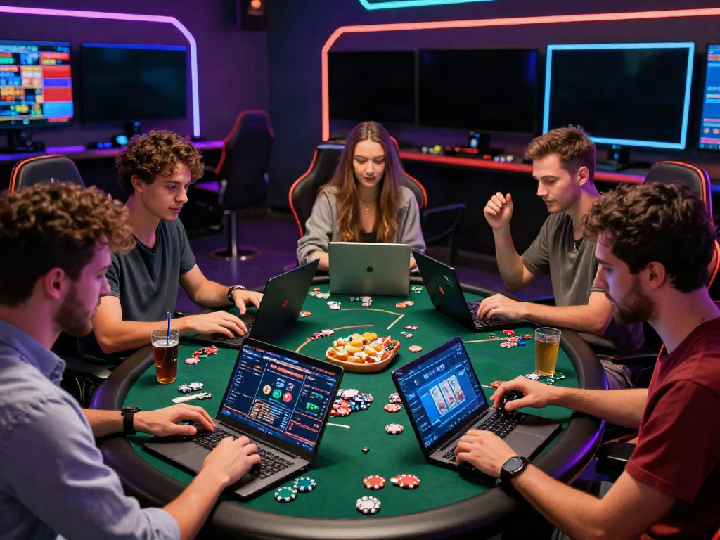 Exciting gaming atmosphere at https://manclub1.jp.net/ with friends playing casino games together.