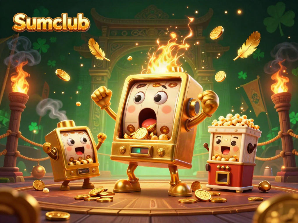Experience the excitement of Sumclub as a golden slot machine hits the jackpot, spilling coins!