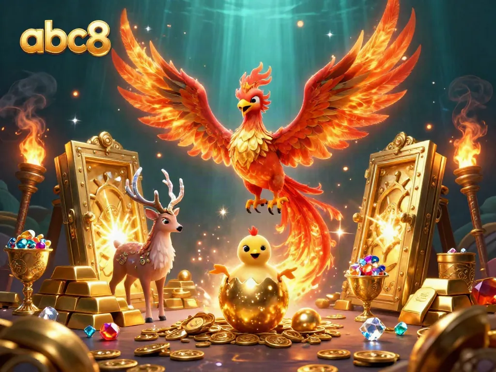 Experience excitement and rewards with abc8, featuring a vibrant phoenix and mystical stag in a golden treasure scene.