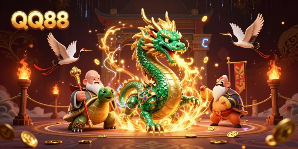 Experience thrilling action in QQ88 with dragons and lucky cranes symbolizing fortune and excitement.