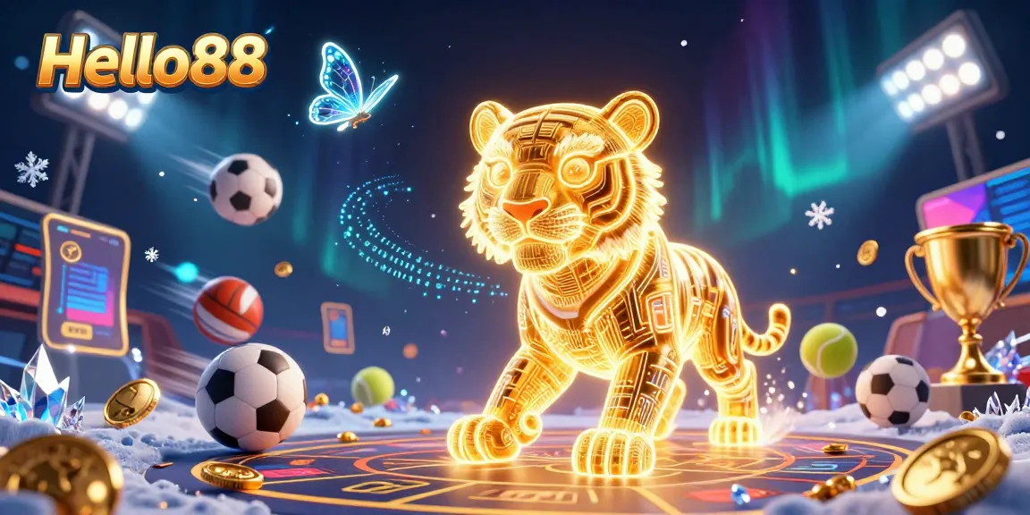 Experience the excitement of Hello88 with our vibrant casino illustration showcasing a golden tiger and sports elements.