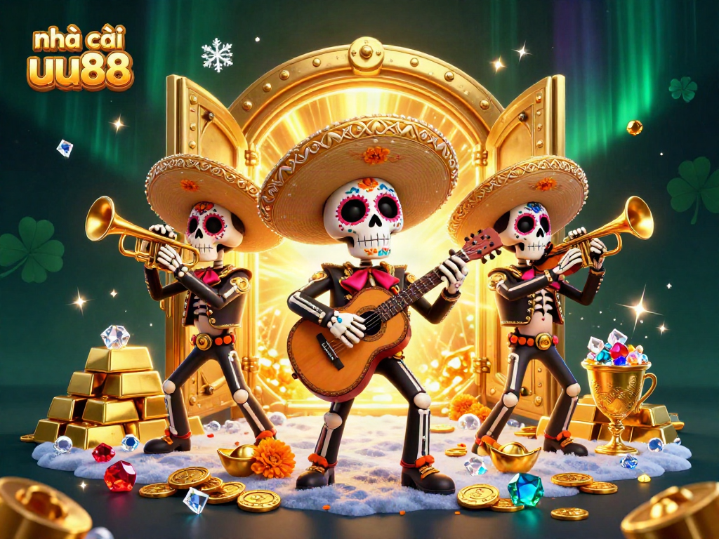 Engage with exciting gameplay at nhà cái uu88, featuring vibrant mariachi characters amidst treasures and casino elements.
