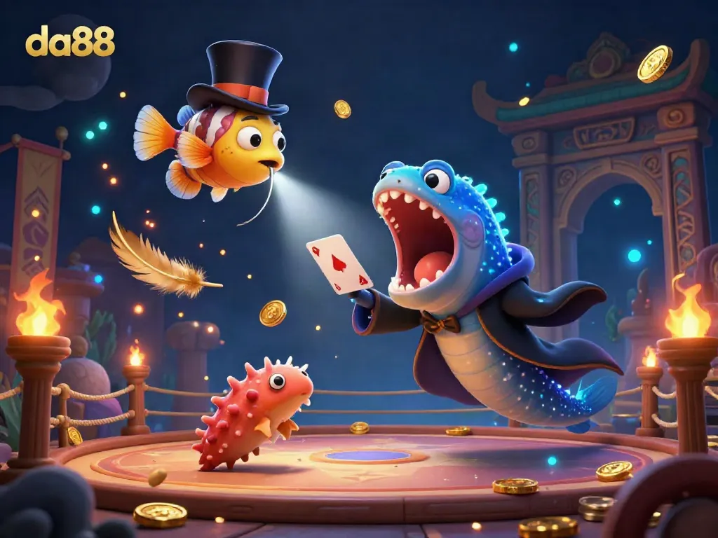 Experience the enchanting da88 underwater casino with a magician eel performing tricks amid gold coins and betting tokens.