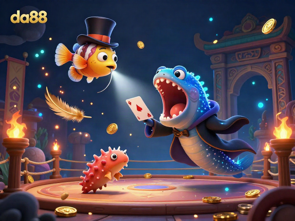 Experience the enchanting da88 underwater casino with a magician eel performing tricks amid gold coins and betting tokens.