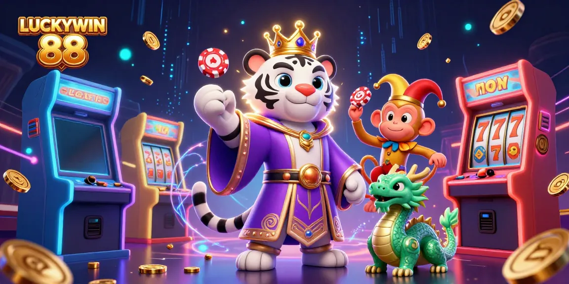 Experience exciting gaming with LUCKYWIN 88, featuring vibrant characters and lively casino elements.