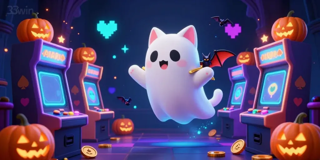 Experience thrilling gameplay at 33win with our ghost cat mascot in a haunted casino setting.