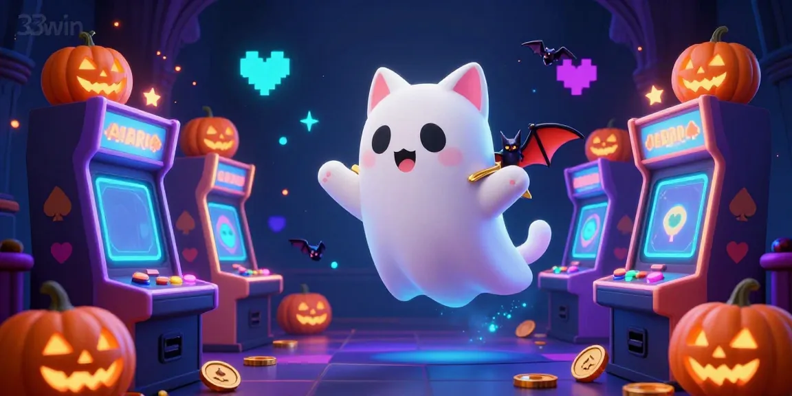 Experience thrilling gameplay at 33win with our ghost cat mascot in a haunted casino setting.