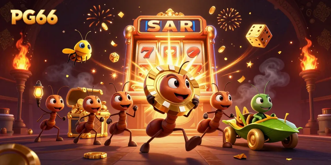 PG66 ants executing a heist with a golden poker chip amidst a vibrant casino-themed explosion.