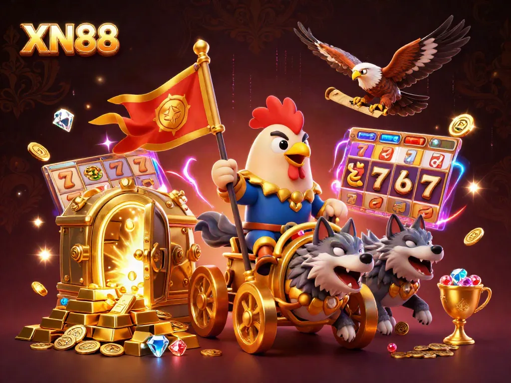XN88 casino illustration featuring dynamic gaming elements and a cartoon rooster warlord.