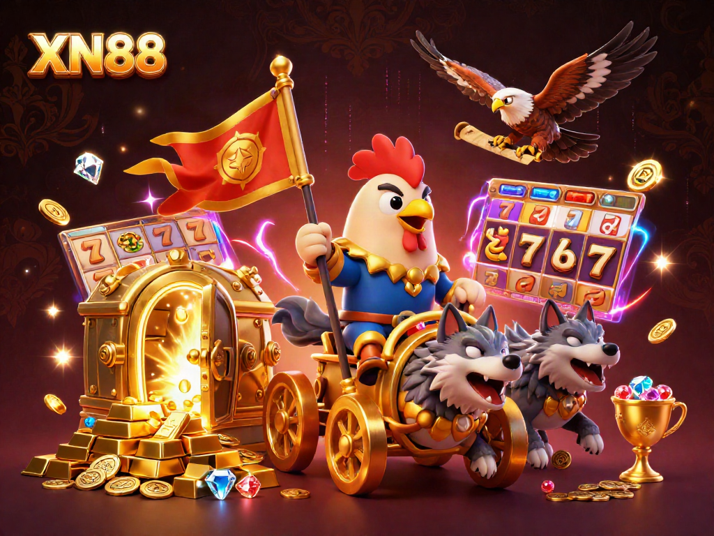 XN88 casino illustration featuring dynamic gaming elements and a cartoon rooster warlord.