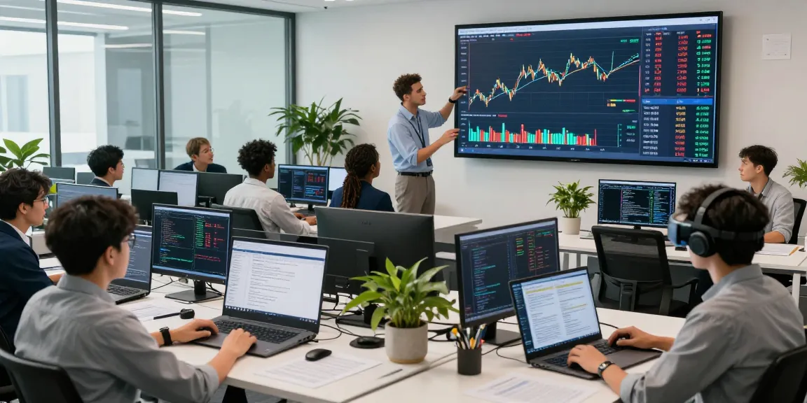 Team analyzing algorithmic gold trading API data in a modern trading office filled with screens and vibrant market visuals.