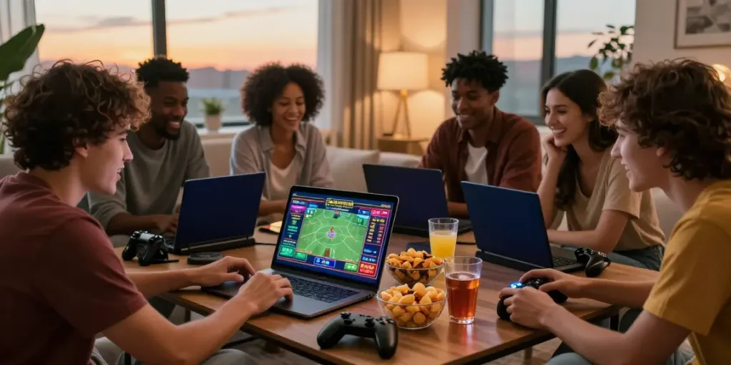 Friends enjoying online gaming and betting at https://ku88vt.com/ in a cozy living room.