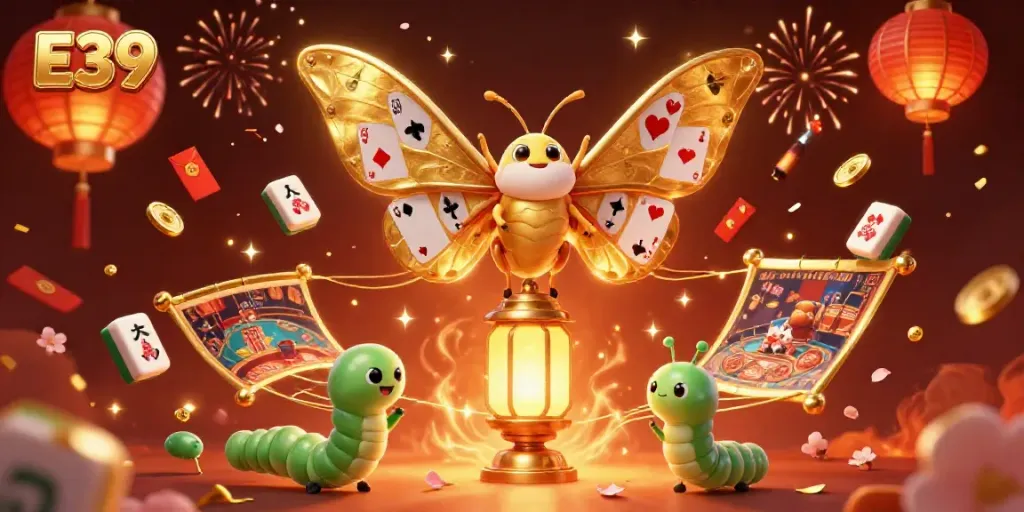 Experience thrilling moments at E39 with a vibrant casino-themed illustration featuring cartoon moths and rich gaming elements.