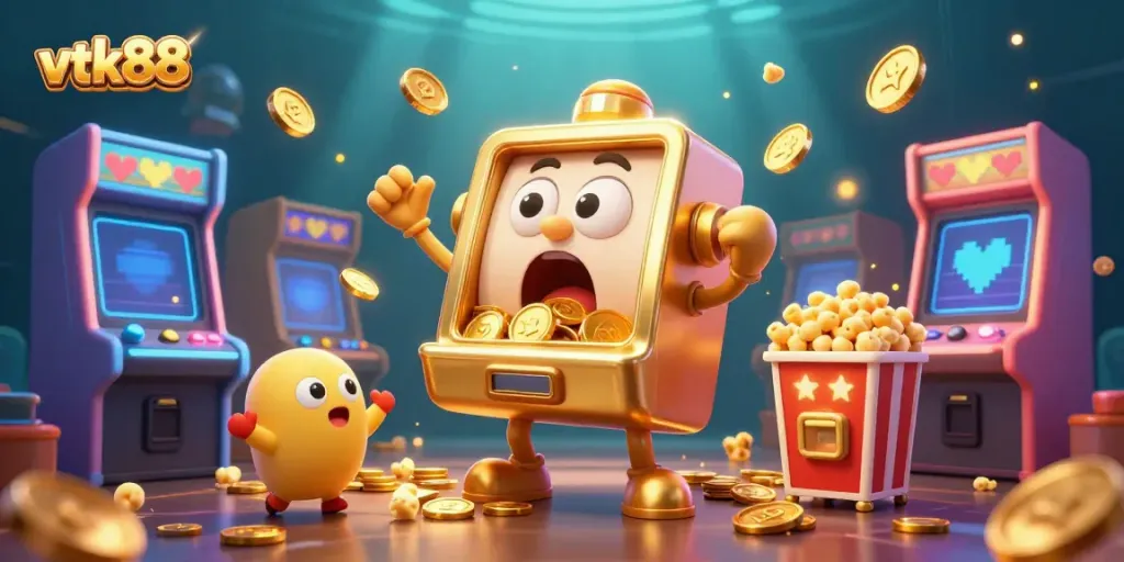 vtk88 celebrates wins with a whimsical slot machine and vibrant arcade game scene, showcasing excitement.