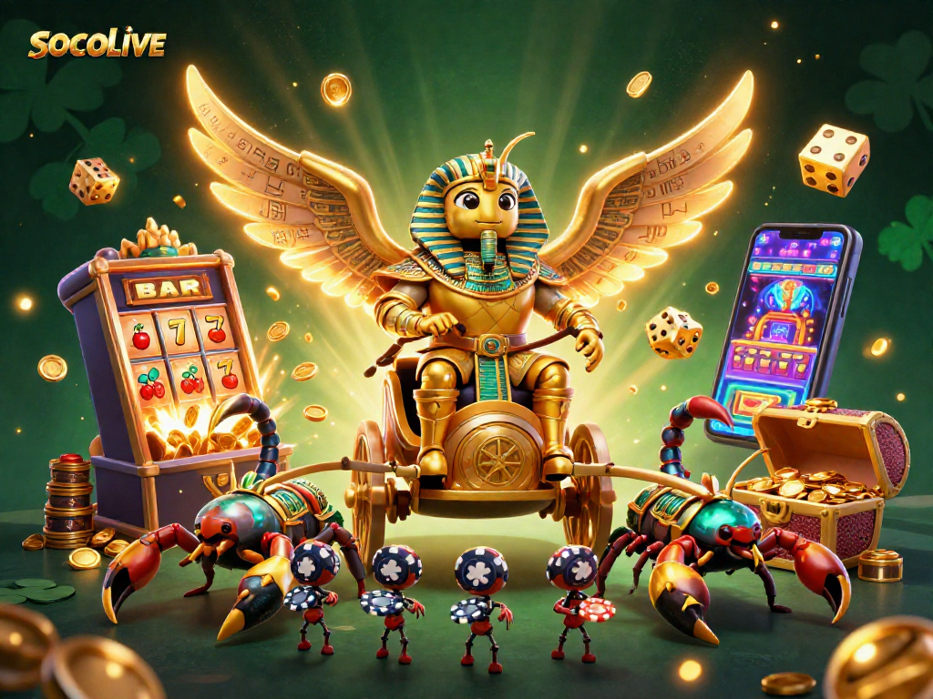 SOCOLIVE features vibrant casino illustrations with a golden scarab beetle and dynamic game elements.