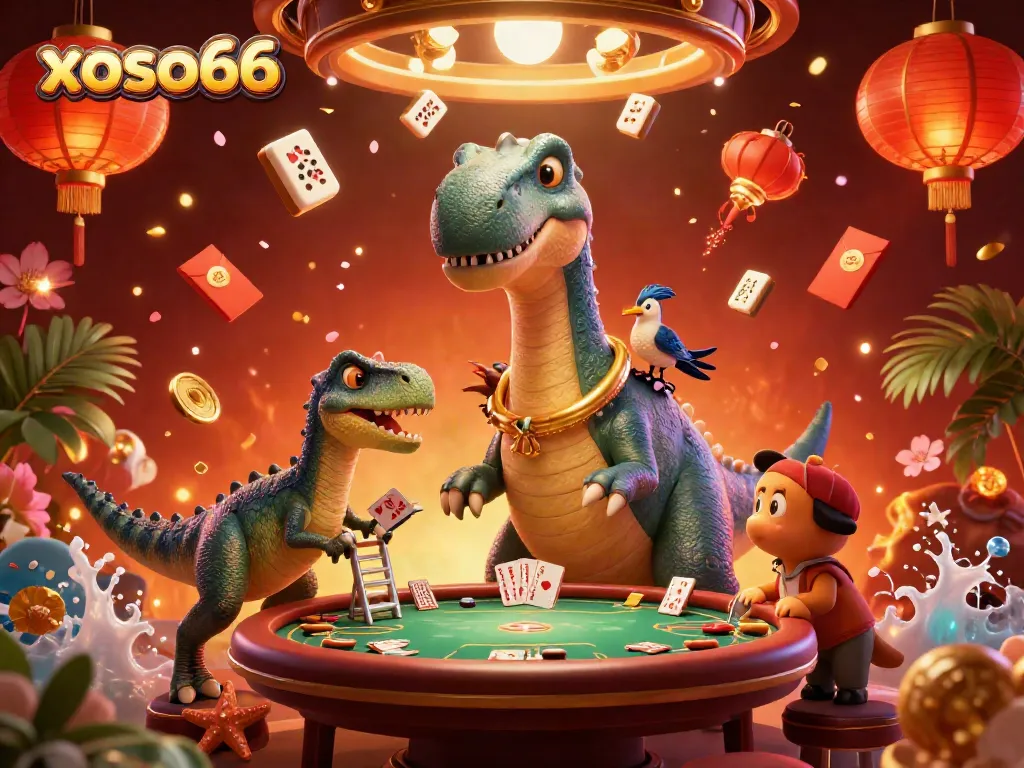 Engage with xoso66's unique betting experience featuring a brontosaurus and a clever raptor surrounded by casino elements.
