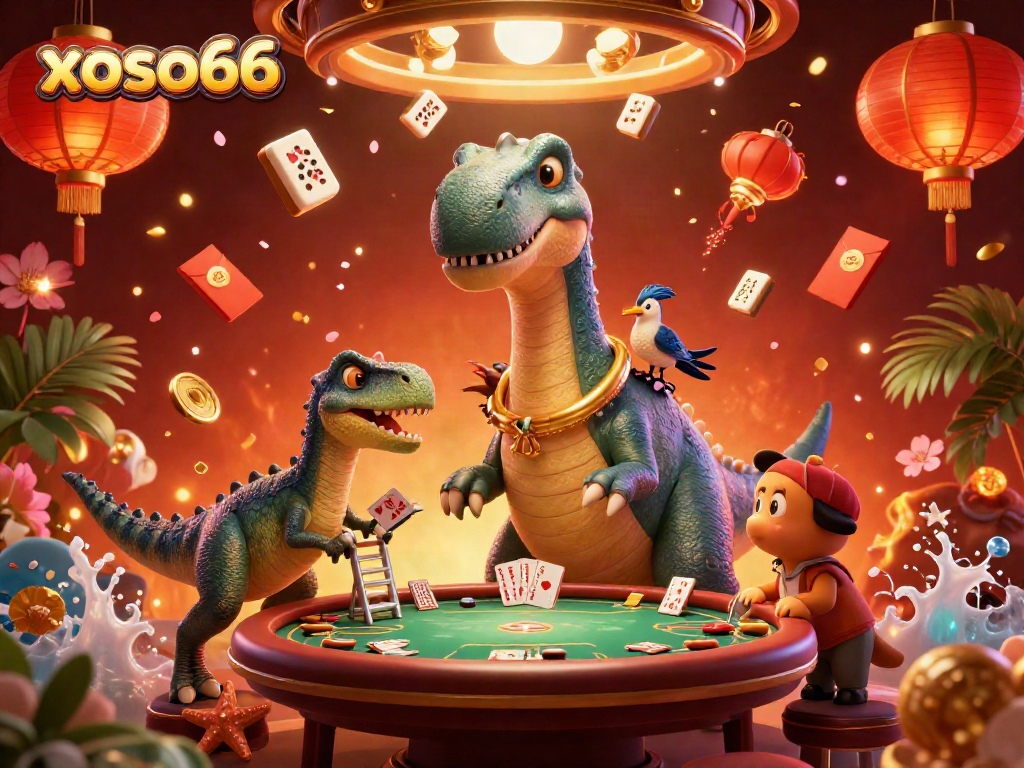 Engage with xoso66's unique betting experience featuring a brontosaurus and a clever raptor surrounded by casino elements.