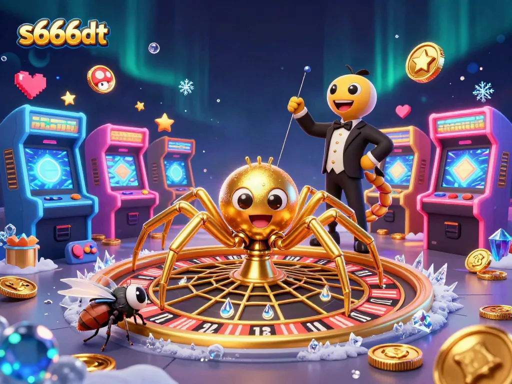Engage in thrilling gameplay at s666dt with a golden spider and colorful arcade machines.