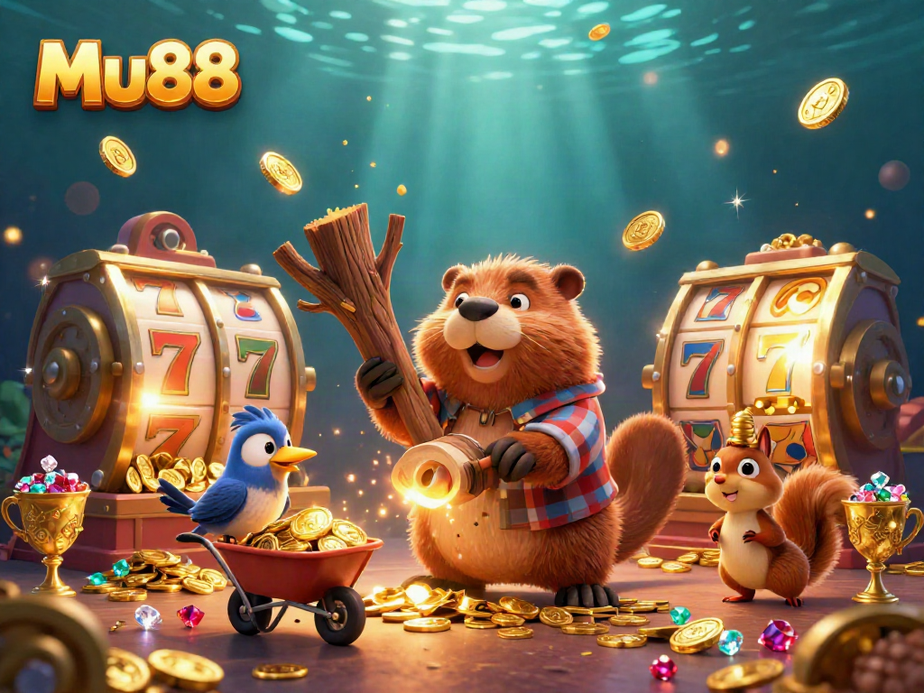 Win big at Mu88 with vivid casino scene featuring playful characters collecting coins and treasures.