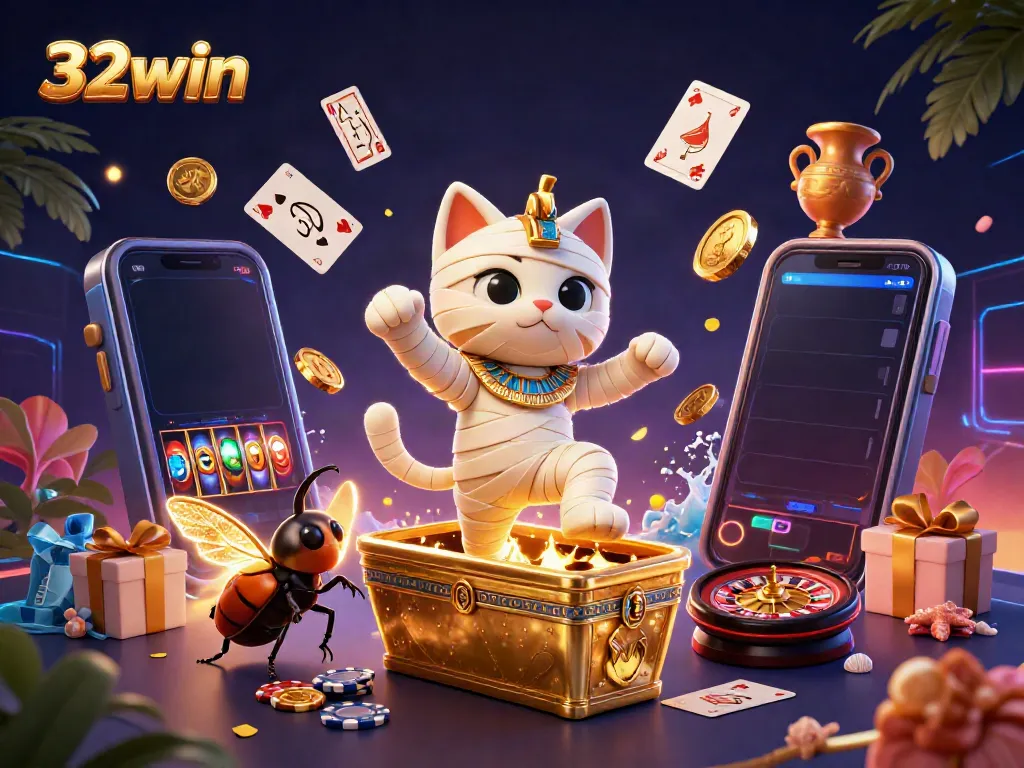 Immerse in 32win's vibrant casino experience with an Egyptian mummy cat and scarab beetle amidst gaming excitement.