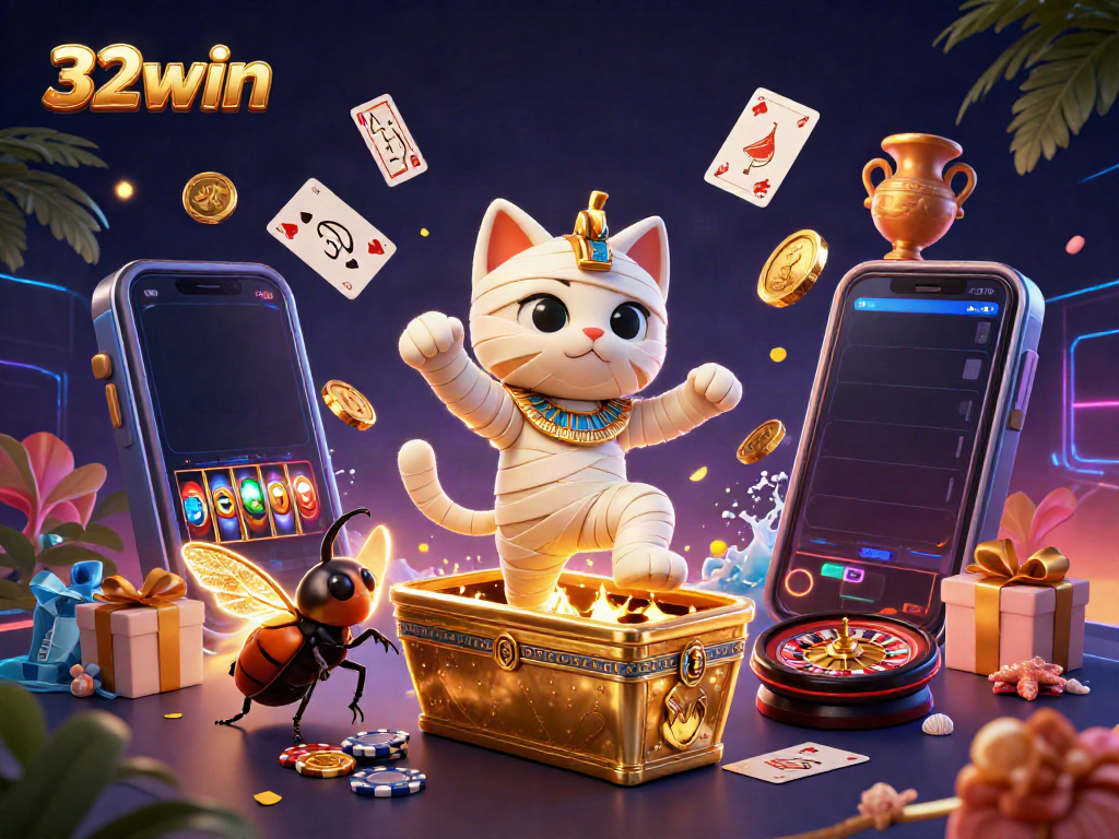 Immerse in 32win's vibrant casino experience with an Egyptian mummy cat and scarab beetle amidst gaming excitement.