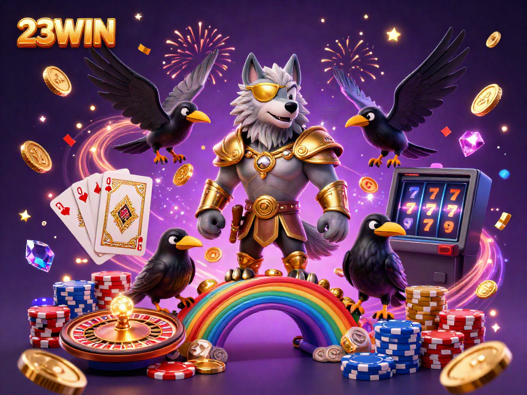 Experience exciting gameplay with 23WIN's vibrant 3D illustration of a Norse-inspired casino scene.