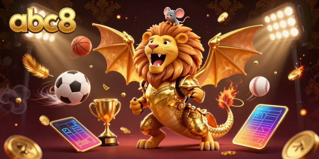 Experience exciting gameplay with abc8, featuring a triumphant chimera and mouse jockey amid flying sports elements.
