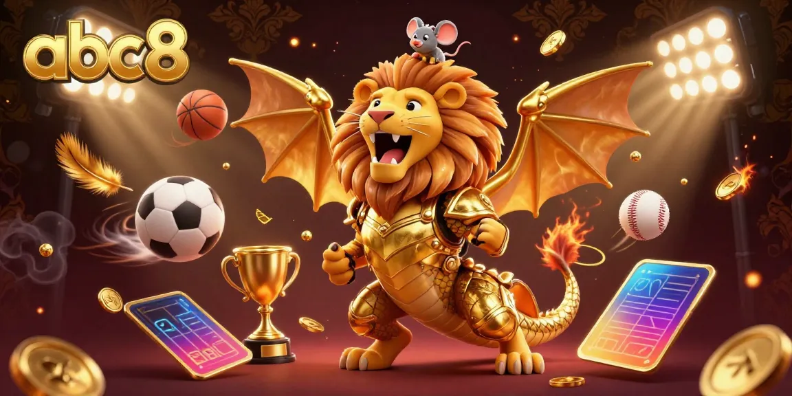 Experience exciting gameplay with abc8, featuring a triumphant chimera and mouse jockey amid flying sports elements.