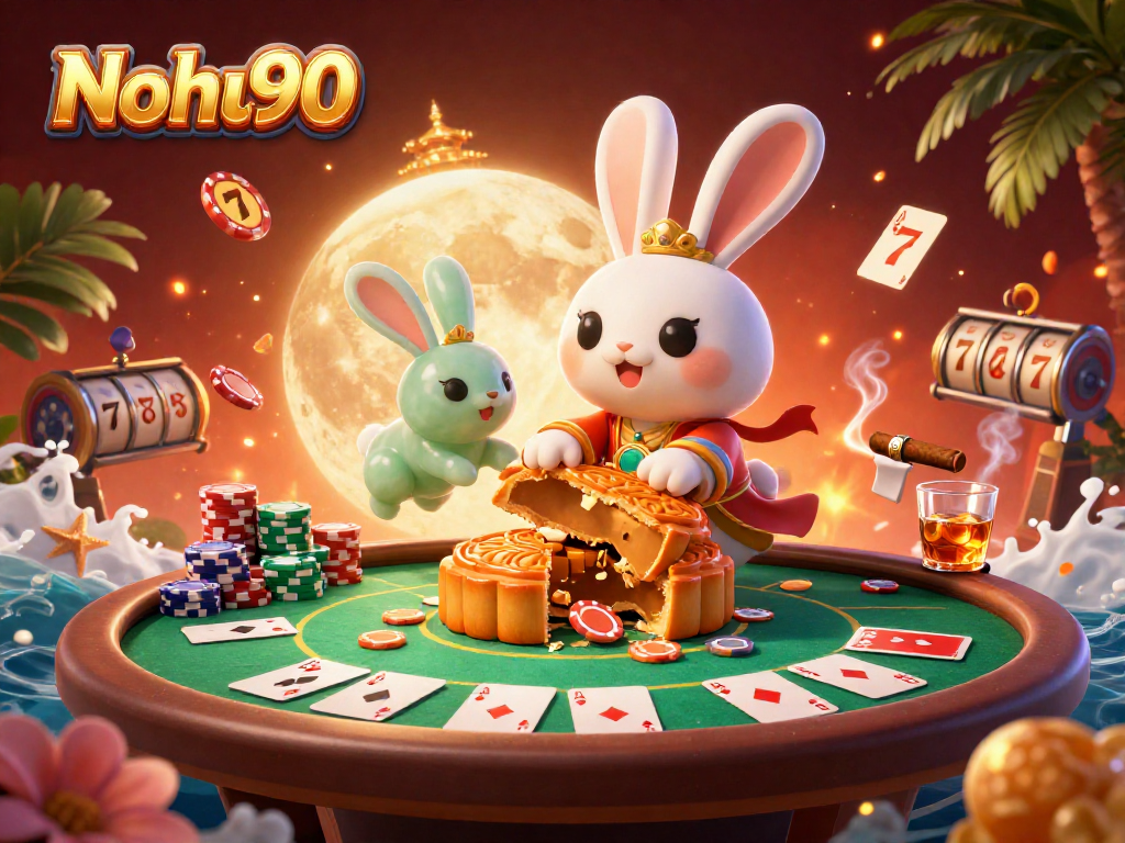 Nohu90 showcases a mystical moon rabbit pouring poker chips from mooncakes amidst an energetic casino scene.