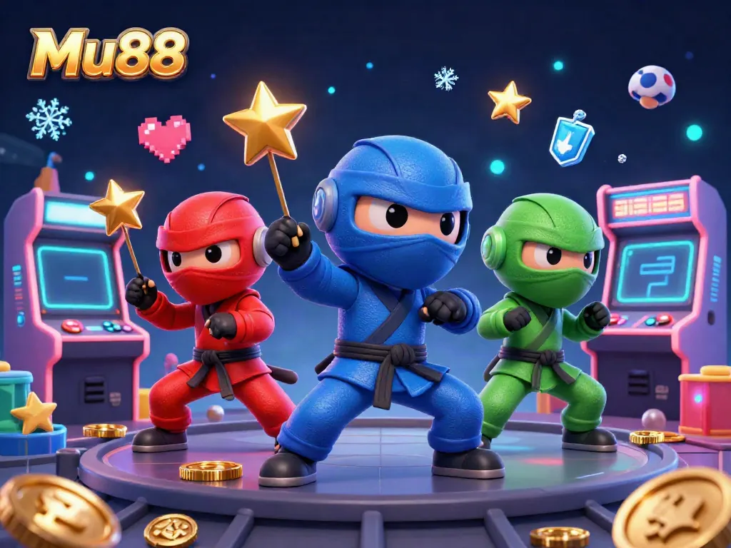 Experience thrilling Mu88 action with a trio of chameleon ninjas in a vibrant casino arcade atmosphere.
