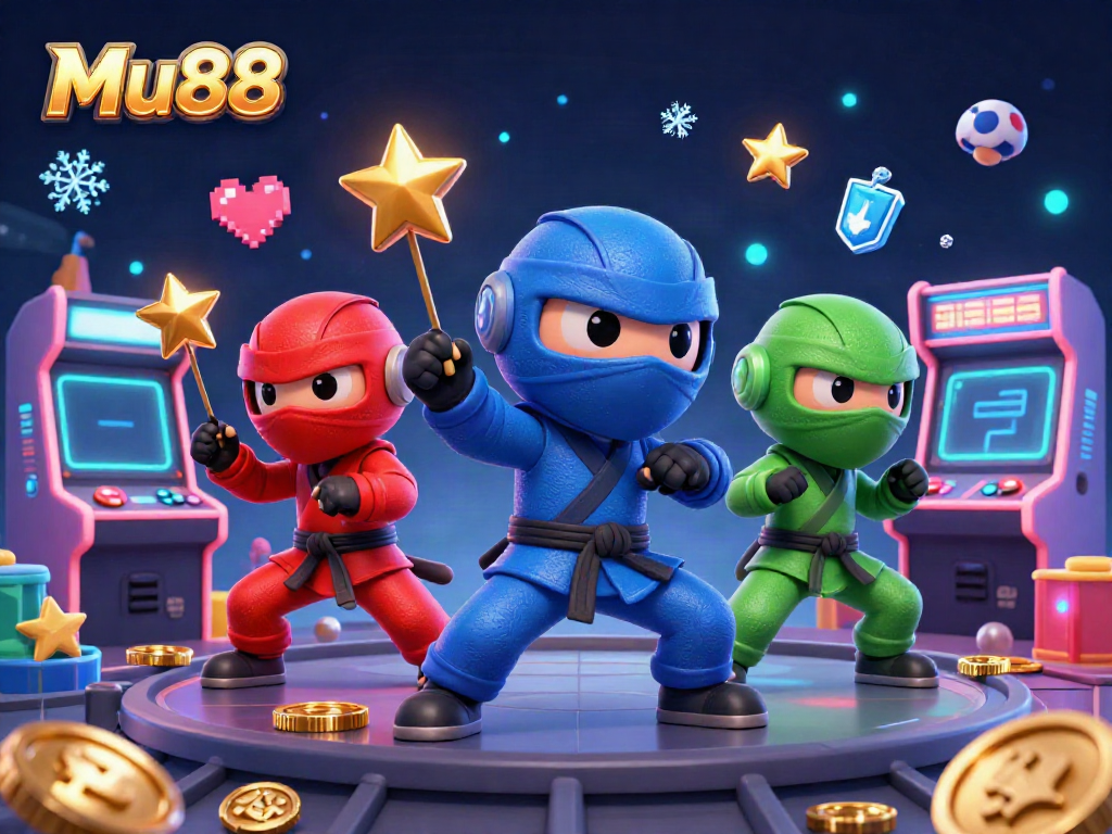 Experience thrilling Mu88 action with a trio of chameleon ninjas in a vibrant casino arcade atmosphere.