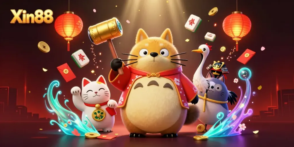 Experience the vibrant world of Xin88 with a cheerful tanuki symbolizing fortune and excitement.