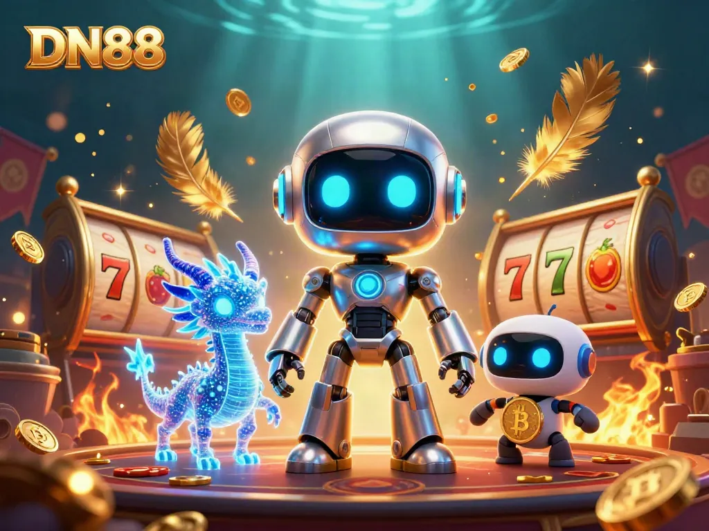 Engage in thrilling gameplay at DN88 with a cyberpunk mascot and vibrant casino elements.