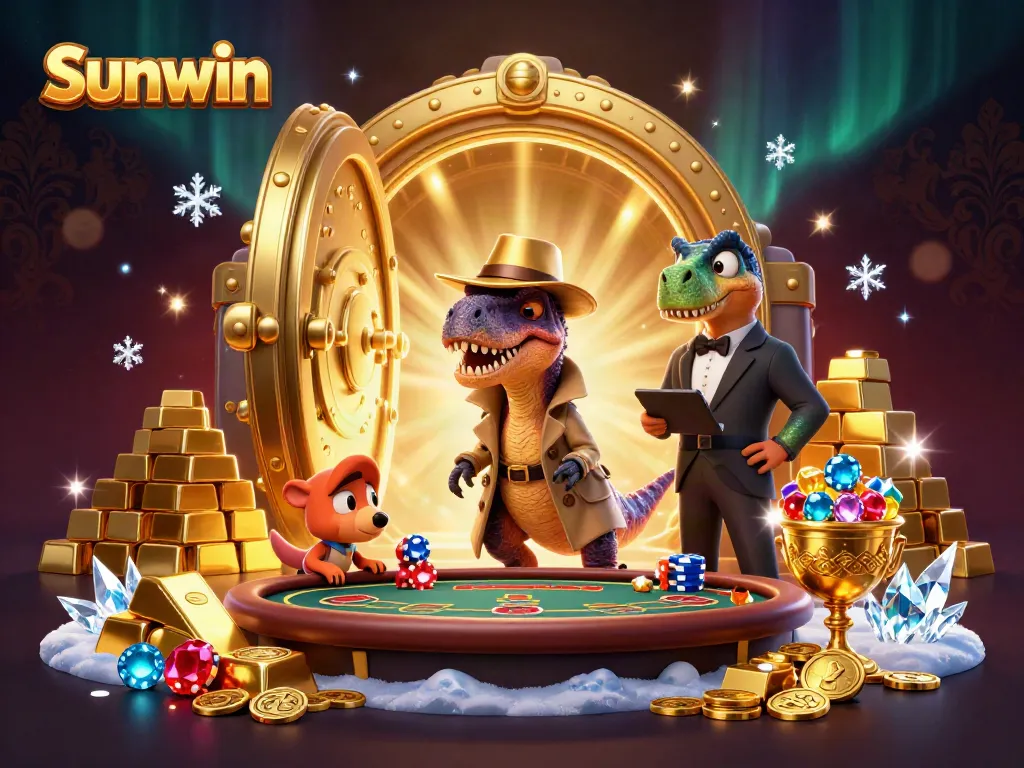 Sunwin casino scene featuring a velociraptor card counter at blackjack, surrounded by treasure and excitement.